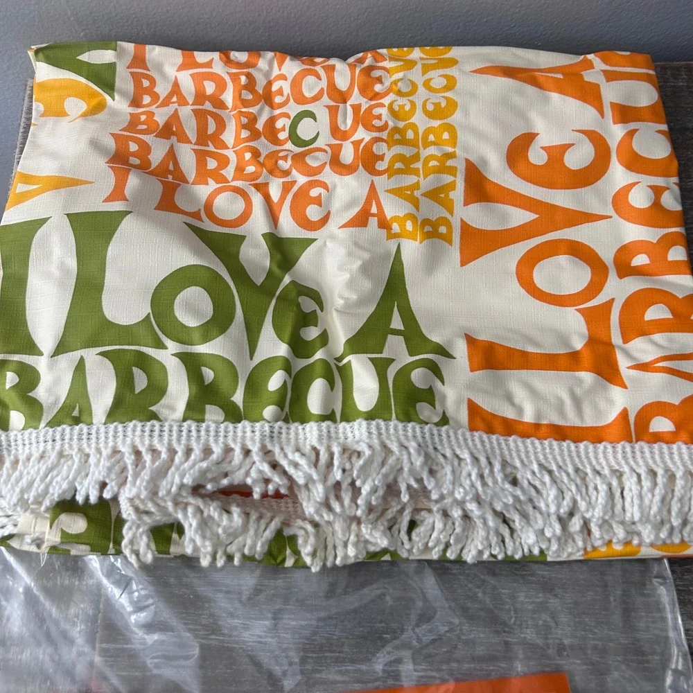 Vintage MCM I love BBQ Orange Yellow Green Vinyl Tablecloth 52x70